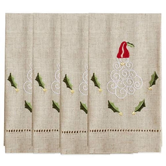 Fennco Styles Embroidered and Hemstitched Design Santa Linen-Poly Guest Towels 14 x 22 Inch, Set of 4