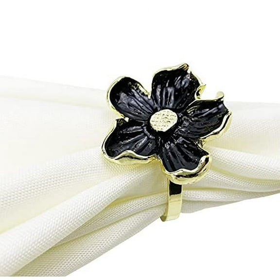 Fennco Styles Enameled Anemone Metal Napkin Rings, Set of 4 - Gold & Black Flower Napkin Holders for Home, Dining Table, Christmas Décor, Holiday, Family Gathering and Special Occasion