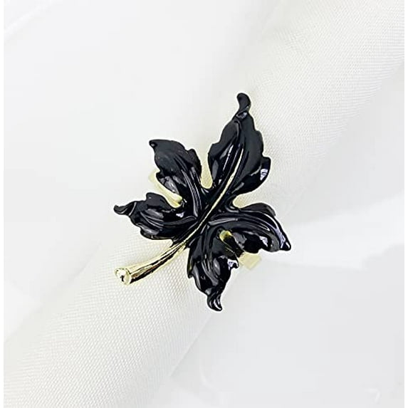 Fennco Styles Enameled Maple Leaf Metal Napkin Rings, Set of 4 – Black Decorative Napkin Holders for Home, Harvest Décor, Dining Table, Family Gathering, Themed Party, Banquet and Special Occasion