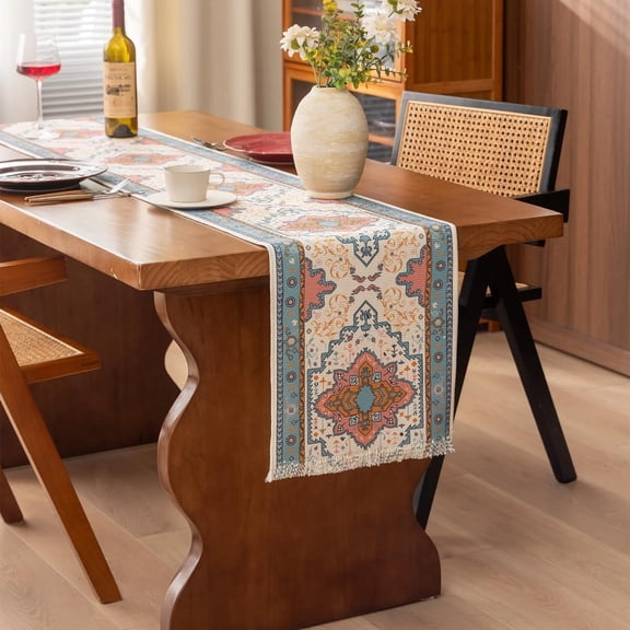 Fennco Styles Ethnic Floral Print Cotton Blend Table Runner 14" W x 72" L - Multicolor Boho Tribal-Inspired Table Cover for Home Dcor, Everyday Use, Banquets and Special Occasions