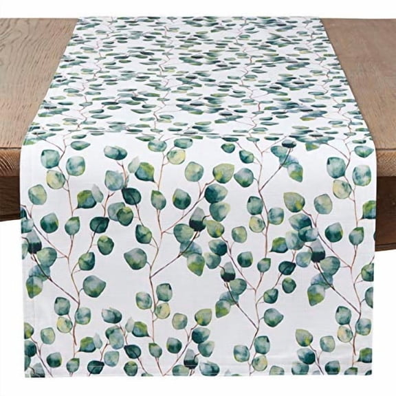 Fennco Styles Eucalipto Collection Eucalyptus Leaf 16 x 120 Inch Table Runner - Green Table Cover for Home, Banquets, Family Gathering, Special Event and Living Room Décor