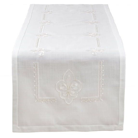 Fennco Styles Fabia Collection Elegant Embroidered Fleur de Lis 16 x 72 Inch Table Runner – Ivory Table Runner for Dinner Party, Banquest, Special Events and Home Décor