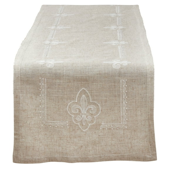 Fennco Styles Fabia Collection Elegant Embroidered Fleur de Lis Linen Blend 16 x 72 Inch Table Runner – Natural Table Runner for Dinner Party, Banquest, Special Events and Home Décor