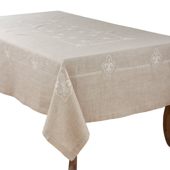 Fennco Styles Fabia Collection Elegant Embroidered Fleur de Lis Linen Blend 69 x 90 Inch Table Cloth – Natural Oblong Tablecloth for Dinner Party, Banquest, Special Events and Home Décor
