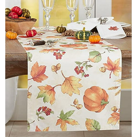 Fennco Styles Fall Leaves Pumpkins Harvest Table Runner 16" W x 120" L – Orange Table Cover for Thanksgiving, Seasonal Décor, Banquet, Family Gathering and Special Events