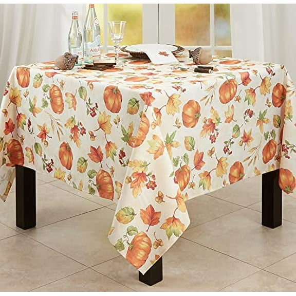 Fennco Styles Fall Leaves Pumpkins Harvest Tablecloth 70" W x 70" L – Orange Table Cover for Thanksgiving, Seasonal Décor, Banquet, Family Gathering and Special Events