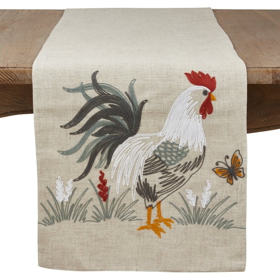 Fennco Styles Farmhouse Country Rooster Embroidered Linen Blend Table Runner 16 x 70 Inch - Natural