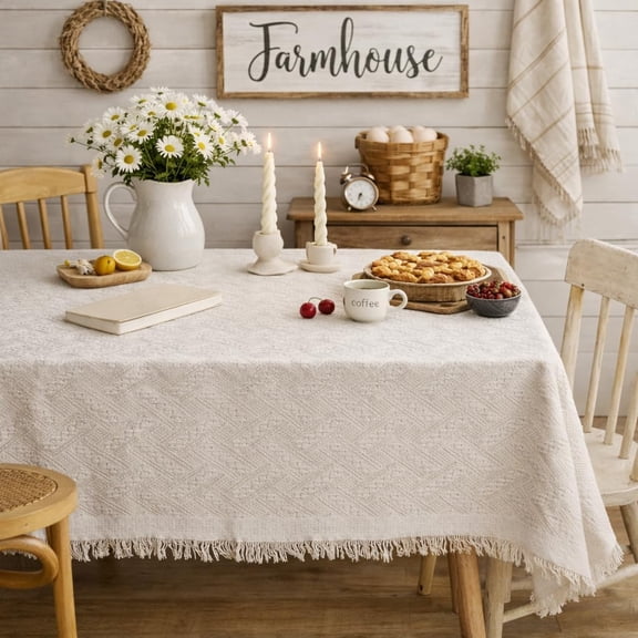 Fennco Styles Farmhouse White Textured Geometric Woven Tablecloth with Fringe, Cotton Blend Rustic Table Cover for Dining Table, Boho Country Kitchen Tablecloth, 72 x 72 Inch