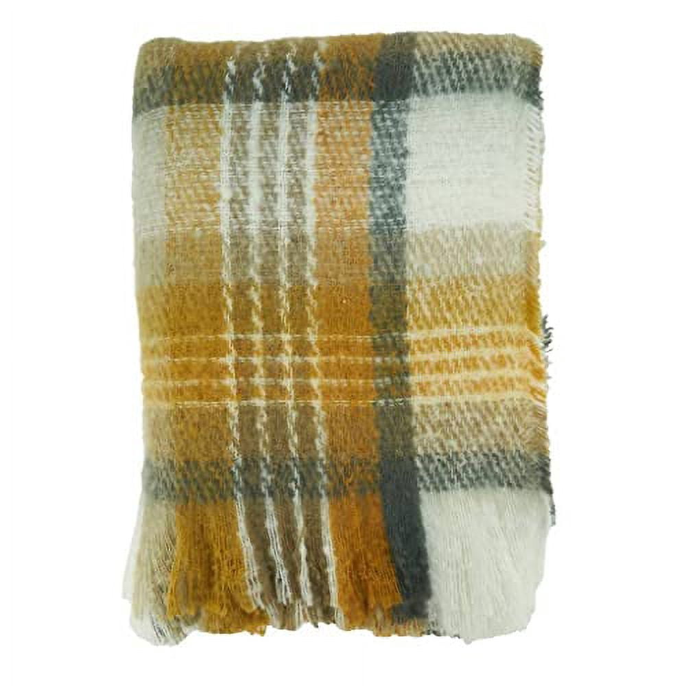 Fennco Styles Faux Mohair Check Fringed Throw Blanket 50" W x 60" L - Mustard Yellow Woven Blanket for Bed, Couch, Sofa, Home, Thanksgiving, Christmas, Holidays, and Office Décor