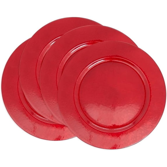 Fennco Styles Faux Mother of Pearl Charger Plates 13" Round, Set of 4 – Red Table Chargers for Weddings, Family Dinners, Special Events, Everyday Use and Home Décor