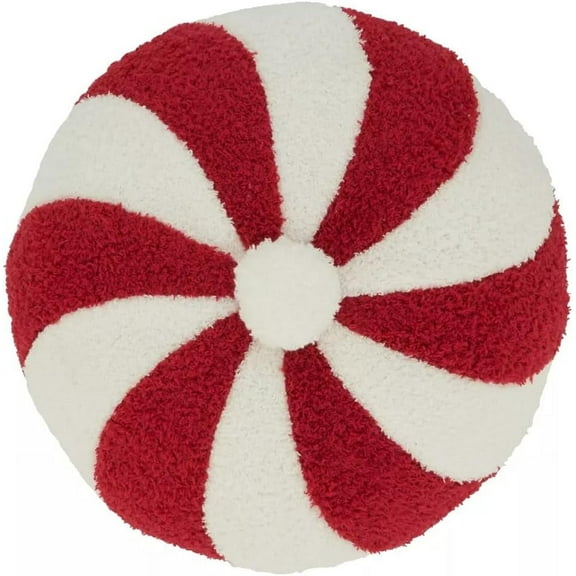 Fennco Styles Festive Candy Cane Design Decorative Filled Throw Pillow 13" X 13" Round - Red and White Holiday Accent Pillow for Christmas, Home, Couch, Bedroom, Living Room and Office Decor