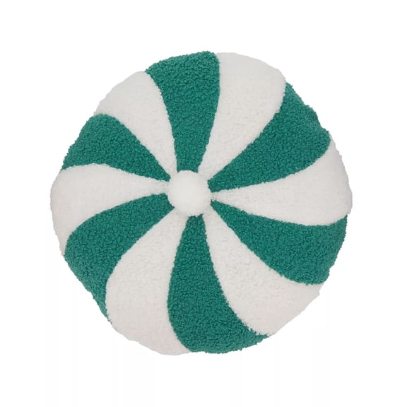Fennco Styles Festive Candy Cane Design Decorative Filled Throw Pillow 13" X 13" Round - White and Green Holiday Accent Pillow for Christmas, Home, Couch, Bedroom, Living Room and Office Décor