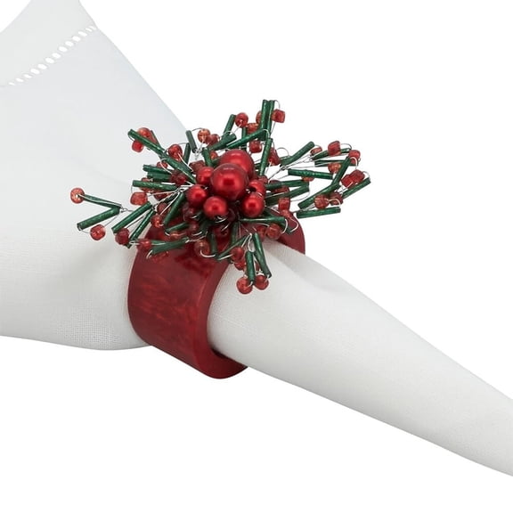 Fennco Styles Finery Beaded Holiday Napkin Rings, Set of 4 - Red Festive Decorative Napkin Holders for Home, Dining Table, Family Gatherings, Christmas Dcor and Special Occasions