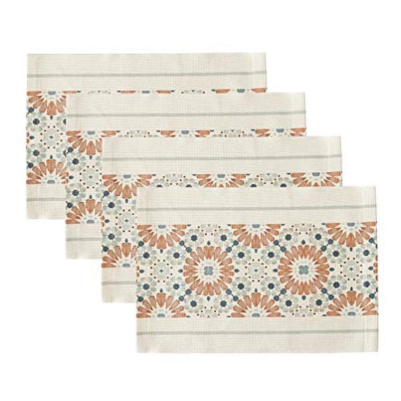 Fennco Styles Floral Print Braided Cotton Table Placemats 14" W x 19" L, Set of 4 - Coral-Blue Table Mats for Home, Dining Table, Banquet, Family Gathering and Special Occasion