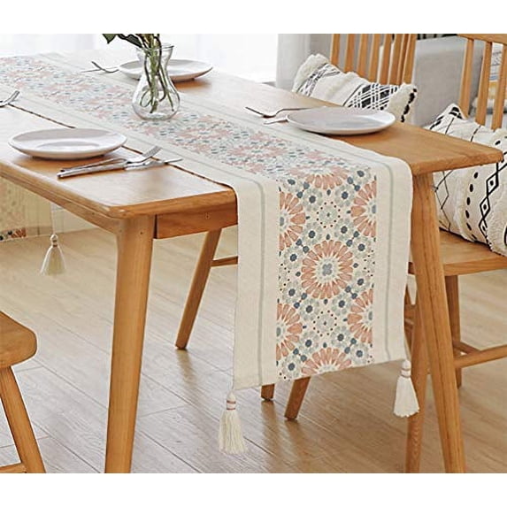 Fennco Styles Floral Print Braided Tassel Cotton Table Runner 14" W x 87" L - Coral-Blue Table Cover for Home, Dining Table, Banquet, Family Gathering and Special Occasion