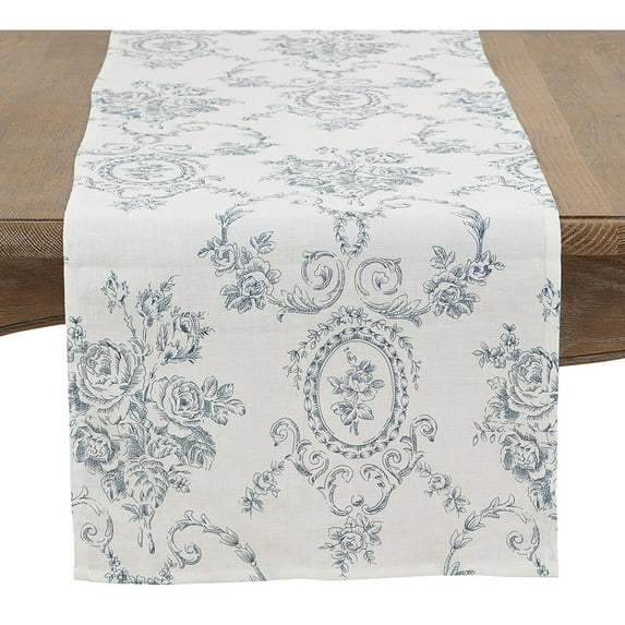 Fennco Styles Floral Story Pure 100% Pure Linen Table Runner 16" W x 72" L - Indigo Elegant Table Cover for Home, Dining Room, Weddings, Banquets, Holidays and Special Occasions