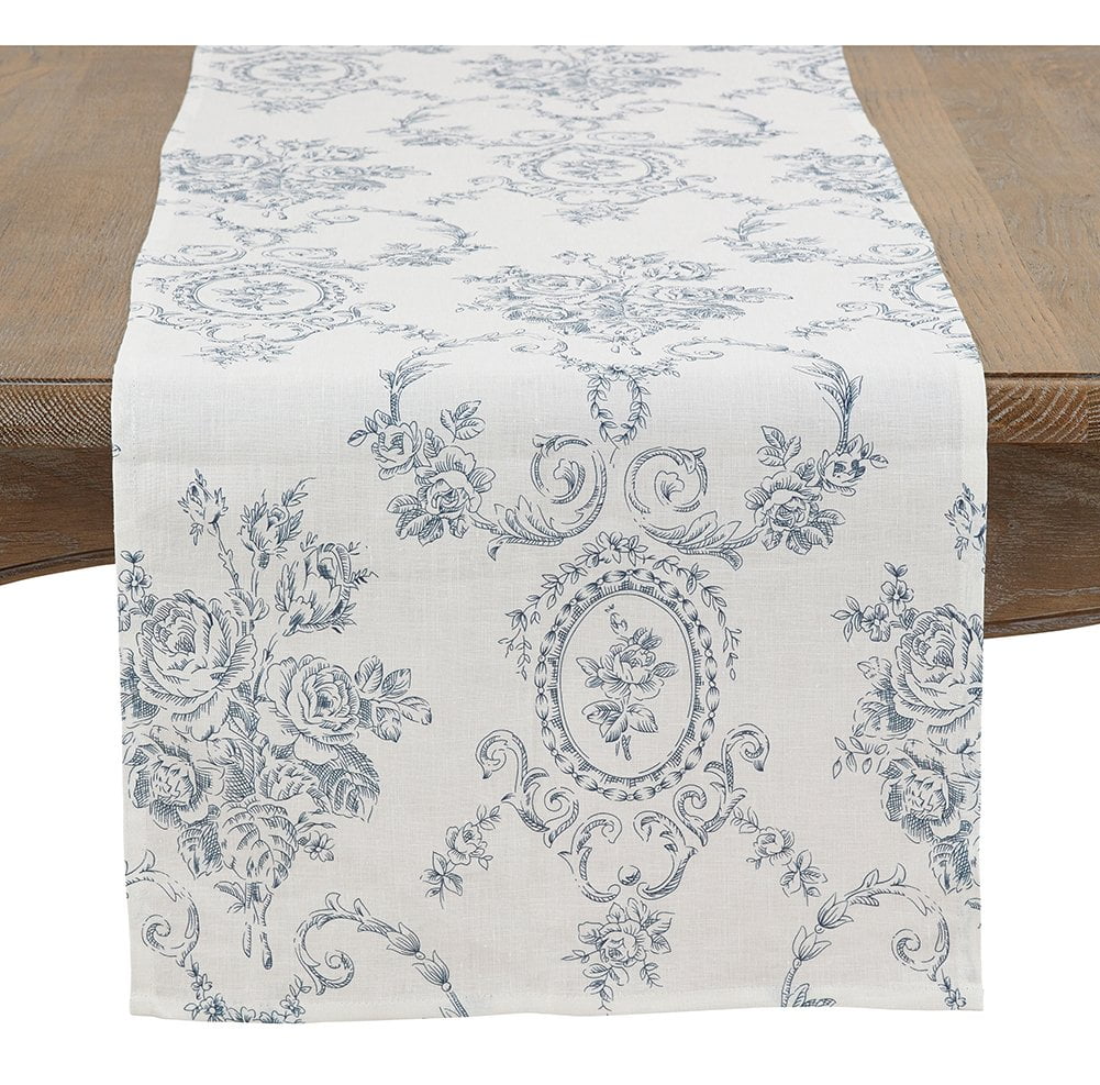 Indigo Floral Linen Table Runner with Toile Design
