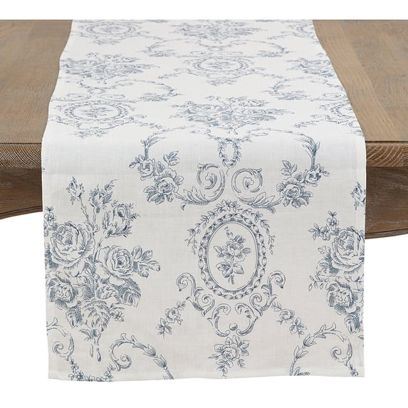 Fennco Styles Floral Story Pure 100% Pure Linen Table Runner 16" W x 90" L - Indigo Elegant Table Cover for Home, Dining Room, Weddings, Banquets, Holidays and Special Occasions