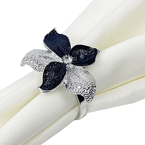 Fennco Styles Flower Rhinestone Metal Napkin Rings, Set of 4 – Silver Floral Napkin Rings for Home Décor, Dining Table, Family Gathering, Themed Party, Banquet and Special Occasion