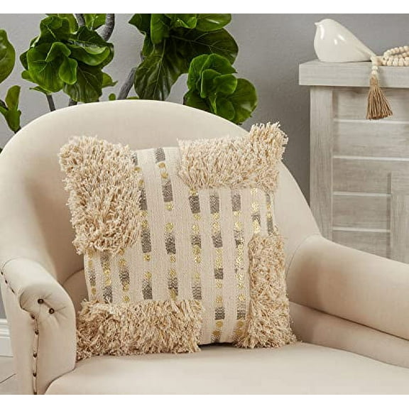 Fennco Styles Foil Print Tufted Cotton Decorative Throw Pillow Cover18 W x 18" L - Natural Woven Cushion Case for Couch, Living Room, Bedroom, Office Décor and Special Occasion