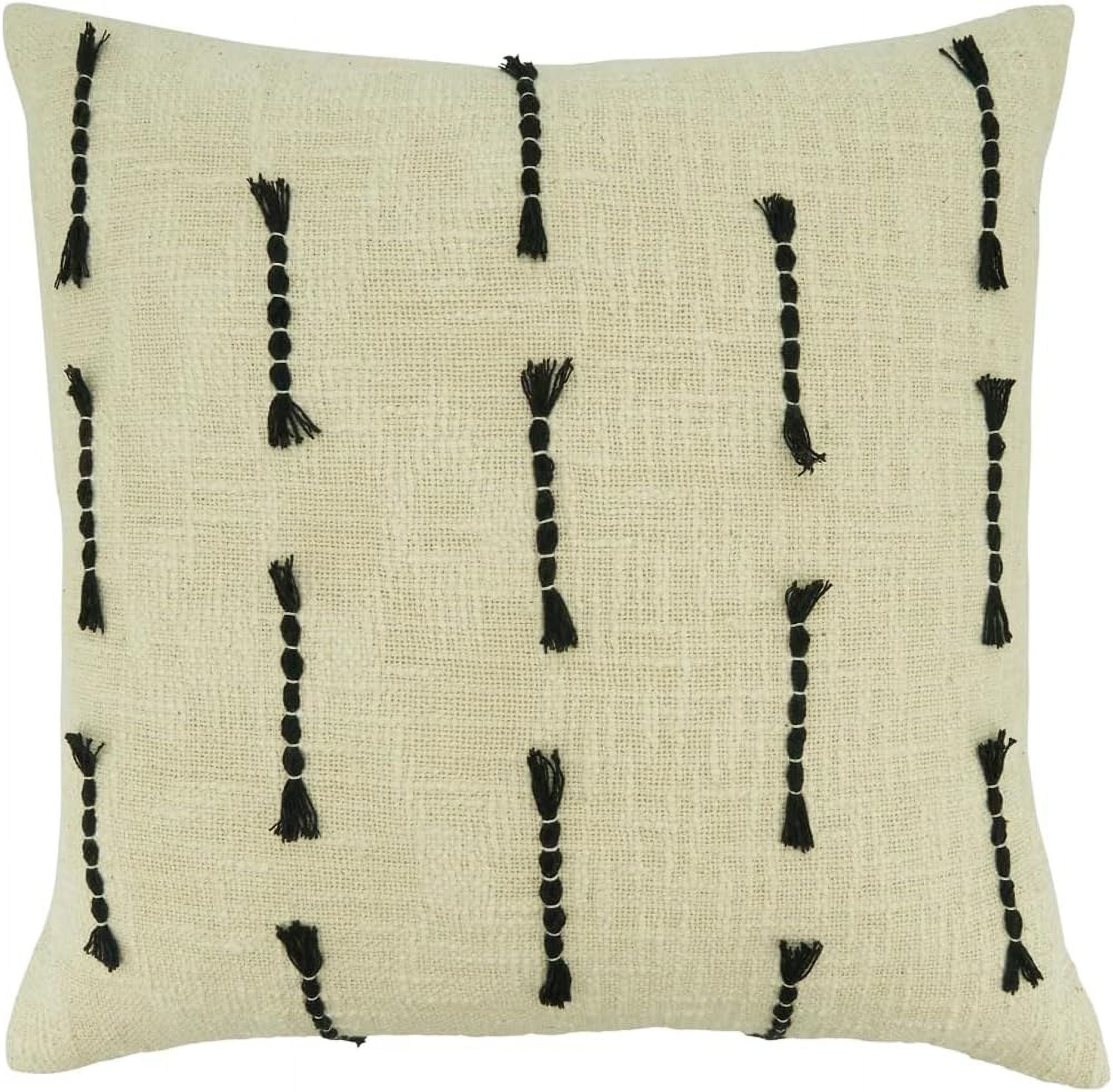 20" Beige and Black Cotton Frayed Stitch Line Throw Pillow Cover
