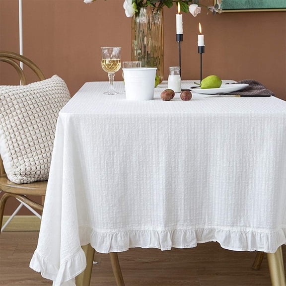 Fennco Styles French Ruffled Border Cotton Woven Tablecloth 55" W x 78" L - White Table Cover for Banquets, Holiday, Special Events, Home, Dining Room Décor and Everyday Use