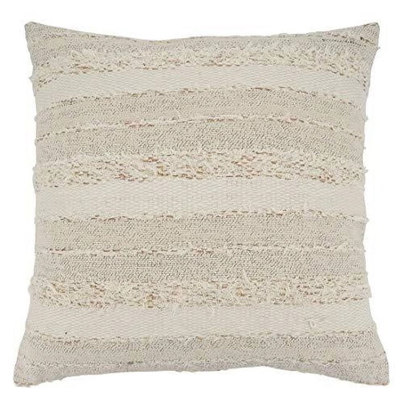 Fennco Styles Fringe Striped Design Cotton Decorative Throw Pillow – Ivory Accent Cushion for Home, Couch, Bedroom, Living Room and Office Décor