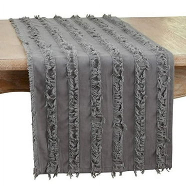 Fennco Styles Fringe Striped Modern Cotton Linen Table Runner 16”W x 72" L - Charcoal Woven Table Cover for Home Décor, Dining Table, Banquets, Holidays and Special Occasions
