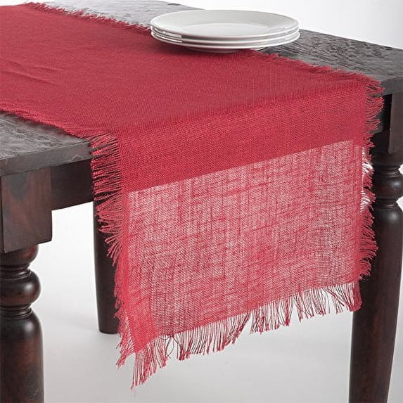 Fennco Styles Fringed Burlap Rectangular Table Runner, 100% Jute, Various Sizes and Colors (20x108 IN, red)