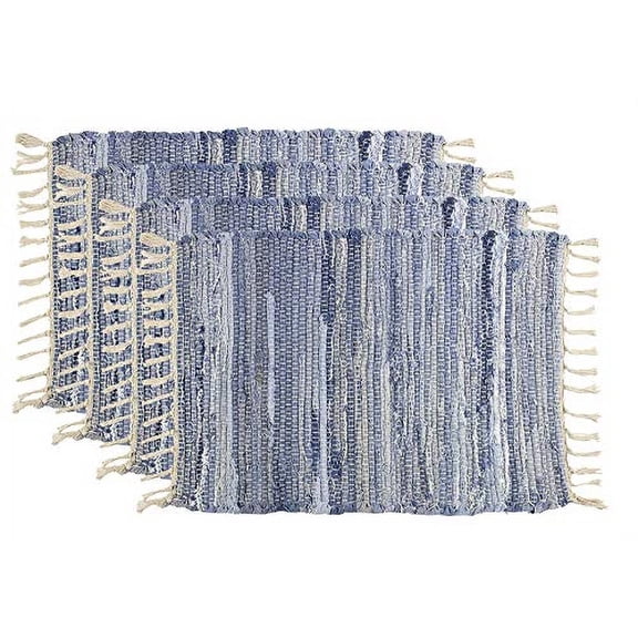 Fennco Styles Gênes Collection Bohemian Chindi 100% Pure Cotton 14 x 20 Inch Placemats, Set of 4 – Denim Blue Woven Table Mats for Everyday Use, Banquets, Wedding, Themed Party and Special Occasion
