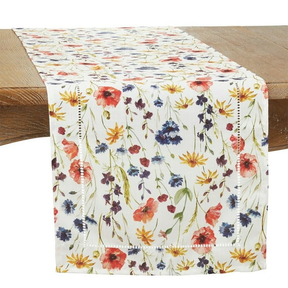 Fennco Styles Garden Floral Hemstitch Table Runner 16" W x 72" L - Multicolored Rectangular Table Cover for Home, Dining Table, Banquet, Family Gathering and Special Occasion
