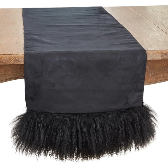 Fennco Styles Genuine Mongolian Lamb Fur Table Runner 16" W x 72" L – Black Plush Table Cover for Dining Room, Banquets, Family Gatherings, Holidays, Special Events and Home Décor