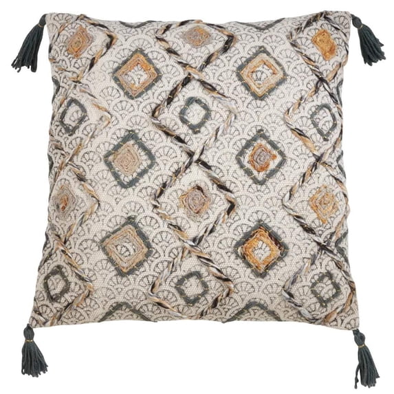Fennco Styles Geometric Block Print Embroidered Cotton Decorative Throw Pillow 22"x22", Beige Diamond Tassel