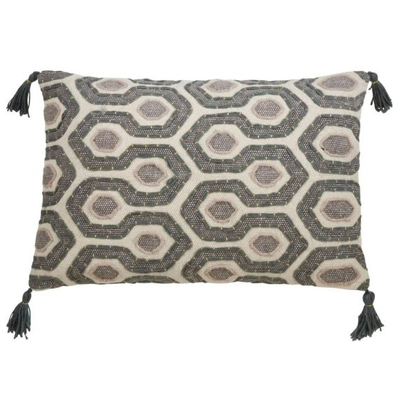 Fennco Styles Geometric Block Print Embroidered Cotton Decorative Throw Pillow Cover 16"x24", Geometric Grey