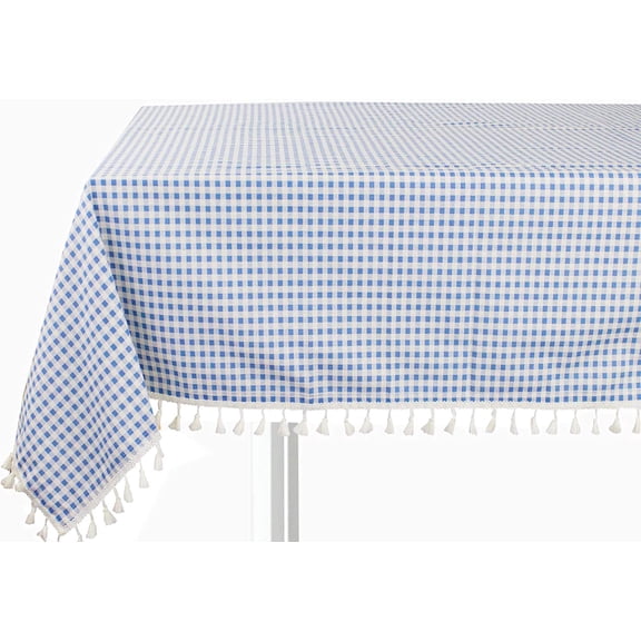Fennco Styles Gingham Check Tassel Cotton Blend 40 x 56 Inch Tablecloth - French Blue Table Cover for Banquets, Holiday, Special Events, Outdoor and Home Décor