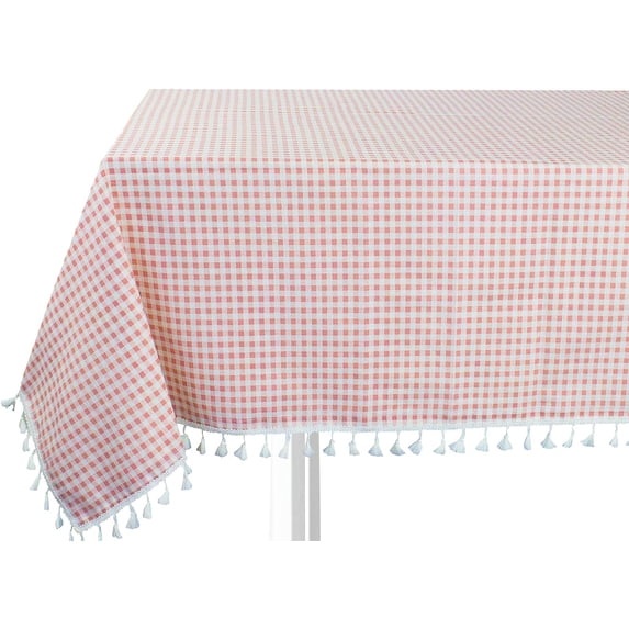 Fennco Styles Gingham Check Tassel Cotton Blend 40 x 56 Inch Tablecloth - Pink Table Cover for Banquets, Holiday, Special Events, Outdoor and Home Décor