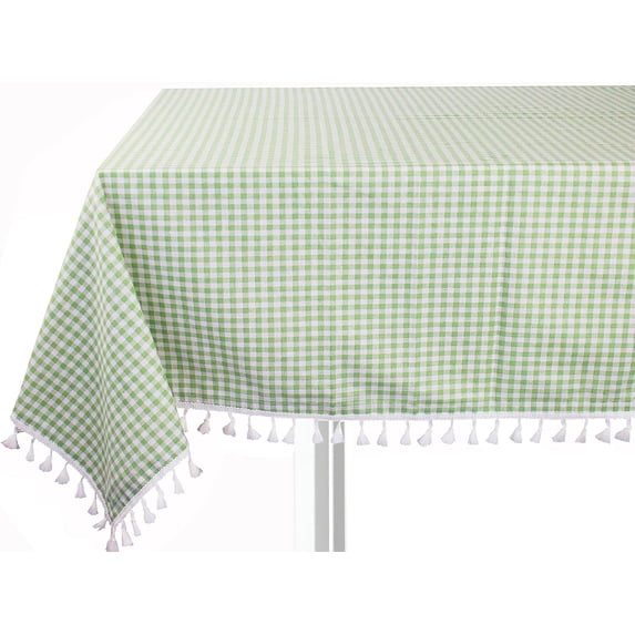 Fennco Styles Gingham Check Tassel Cotton Blend 55 x 70 Inch Tablecloth - Green Table Cover for Banquets, Holiday, Special Events, Outdoor and Home Décor
