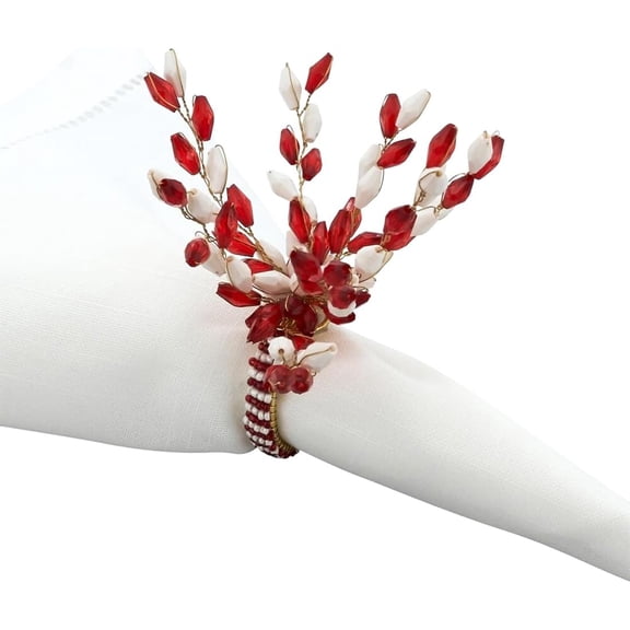Fennco Styles Glamorous Beaded Festive Decorative Napkin Rings, Set of 4 - Red & White Holiday Napkin Holders for Dining Table, Banquets, Christmas Dcor and Special Occasions