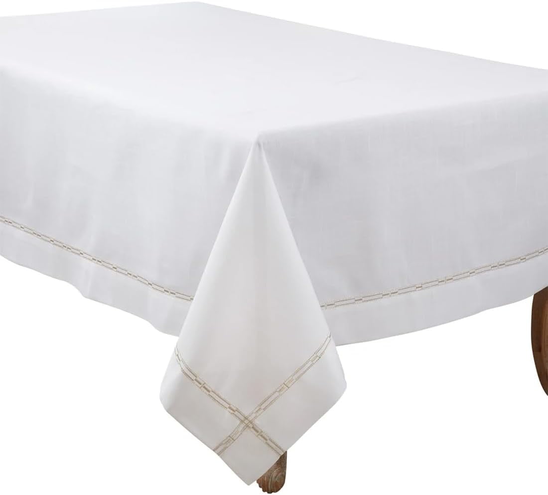 Elegant Gold Embroidered White Polyester Tablecloth 65" x 90"