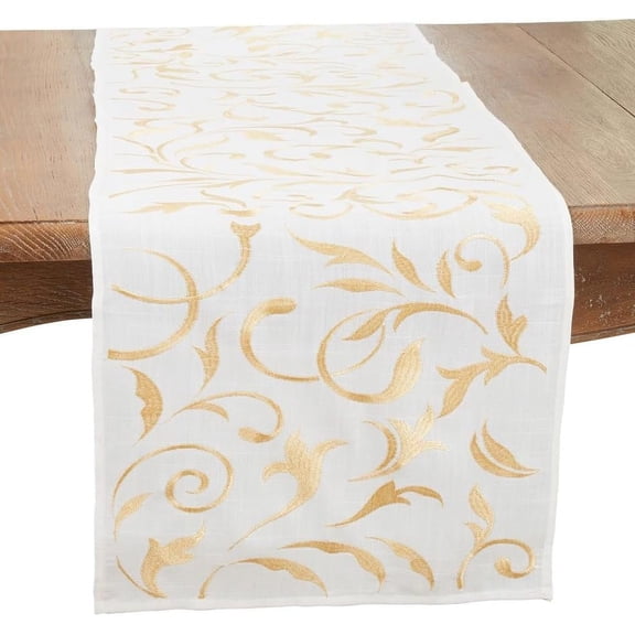 Fennco Styles Gold Embroidered Leaves Table Runner 16" W x 90" L - Metallic Botanical Design Table Cover for Home, Holiday Décor, Family Gatherings, Banquets, Special Events