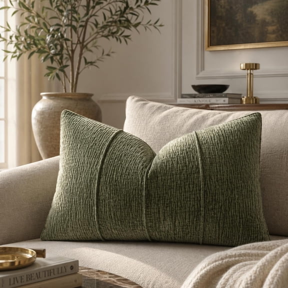 Fennco Styles Green Chenille Textured Corded Ribbed Decorative Throw Pillow Cover 12" x 20", 1-Pack