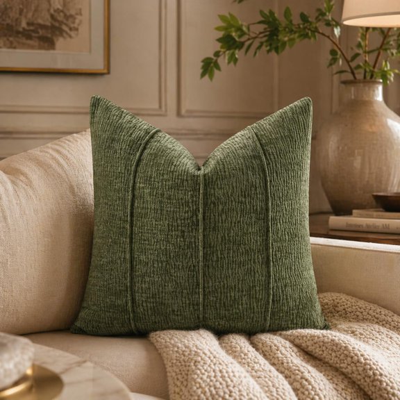 Fennco Styles Green Chenille Textured Corded Ribbed Decorative Throw Pillow Cover 18" x 18", 1-Pack