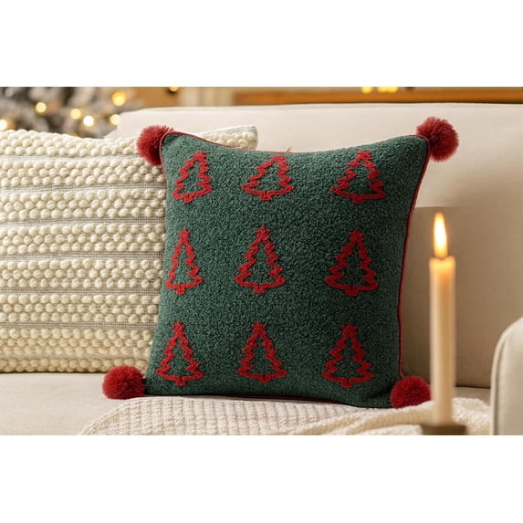 Fennco Styles Green Christmas Tree Embroidered Throw Pillow Cover – 18" X 18" Soft Boucle Holiday Cushion Cover with Red Pom Poms for Winter Holiday Décor, Sofa, Couch, or Bed