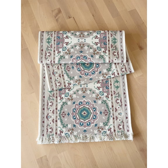 Fennco Styles Grey Floral Print Tassel Cotton Blend Woven Table Runner 14" W x 71" L - Unique Botanical Design Table Cover for Home Décor, Dining Table, Banquets, Family Gathering and Special Events