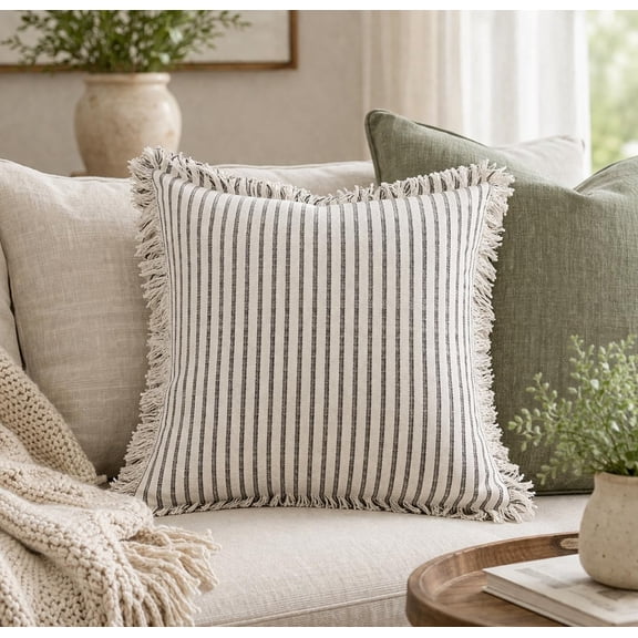 Fennco Styles Grey Striped Fringe Cotton Blend Textured Throw Pillow with Insert 18" x 18"