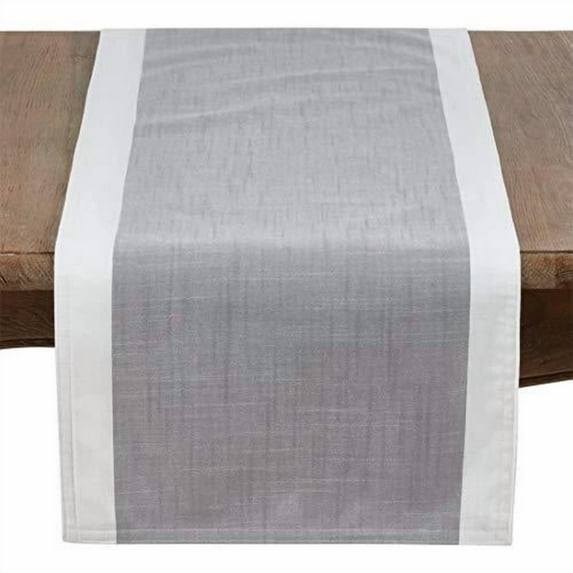 Fennco Styles Grey and White Two Tone Banded Border Table Runner 16 x 90 Inch - Classic Table Cover for Everyday Use, Banquets, Family Gathering and Special Events