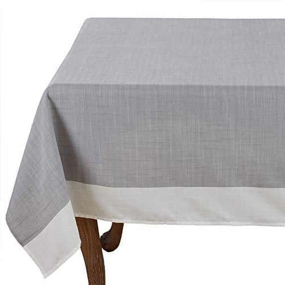 Fennco Styles Grey and White Two Tone Banded Border Tablecloth 67 x 140 Inch - Classic Table Cover for Everyday Use, Banquets, Family Gathering and Special Events