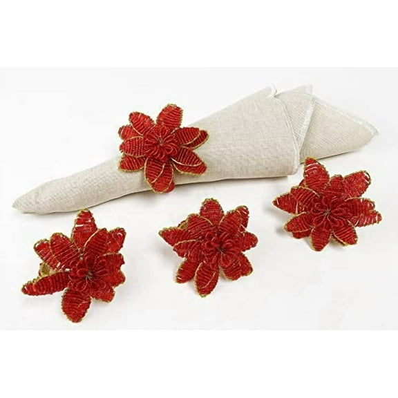Fennco Styles Hand Beaded Christmas Poinsettia Napkin Rings, Set of 4 - Red Glass Bead Flower Napkin Holders for Home, Dining Room, Banquet, Family Gathering, Winter Holiday Décor and Special Occasion
