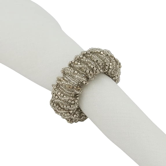 Fennco Styles Hand Beaded Decorative Napkin Rings, Set of 4 - Silver Glass Napkin Holders for Home, Dining Table, Banquet, Christmas, Holiday Décor and Special Occasion