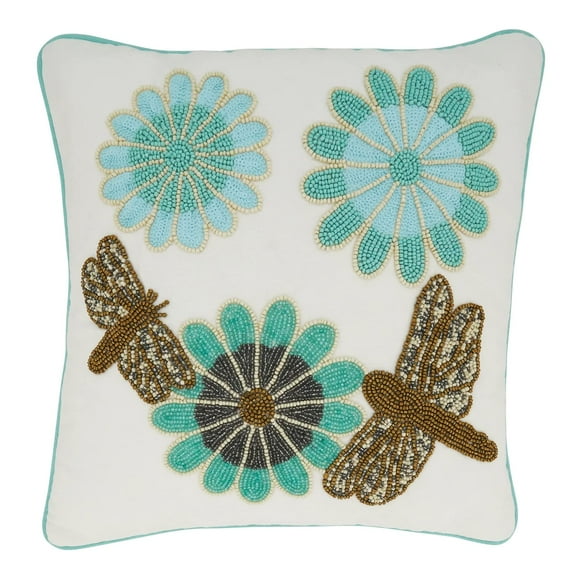 Fennco Styles Hand Beaded Dragonfly Flower Cotton Decorative Throw Pillow 16" W x 16" L - Blue Floral Cushion for Home, Couch, Living Room, Seasonal Décor, Special Occasion